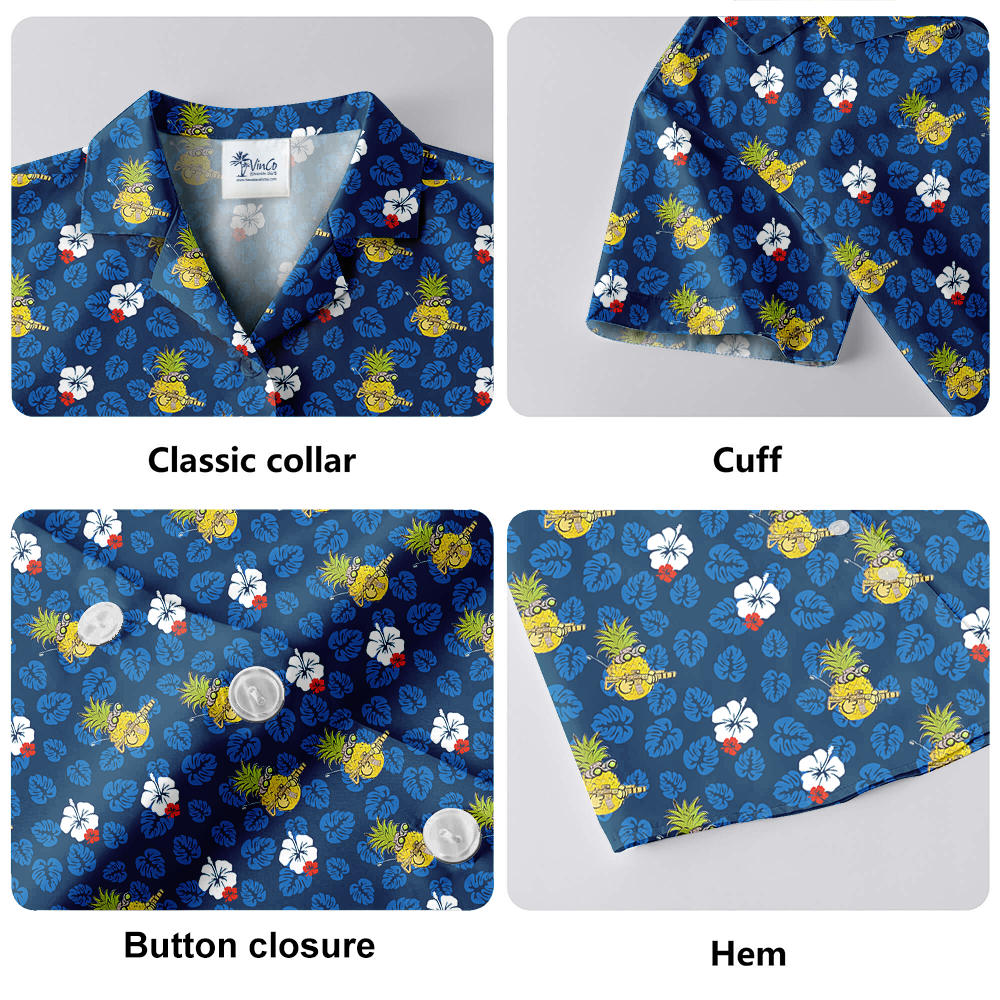 Tactical Pineapple Hibiscus Blue Hawaiian Shirt