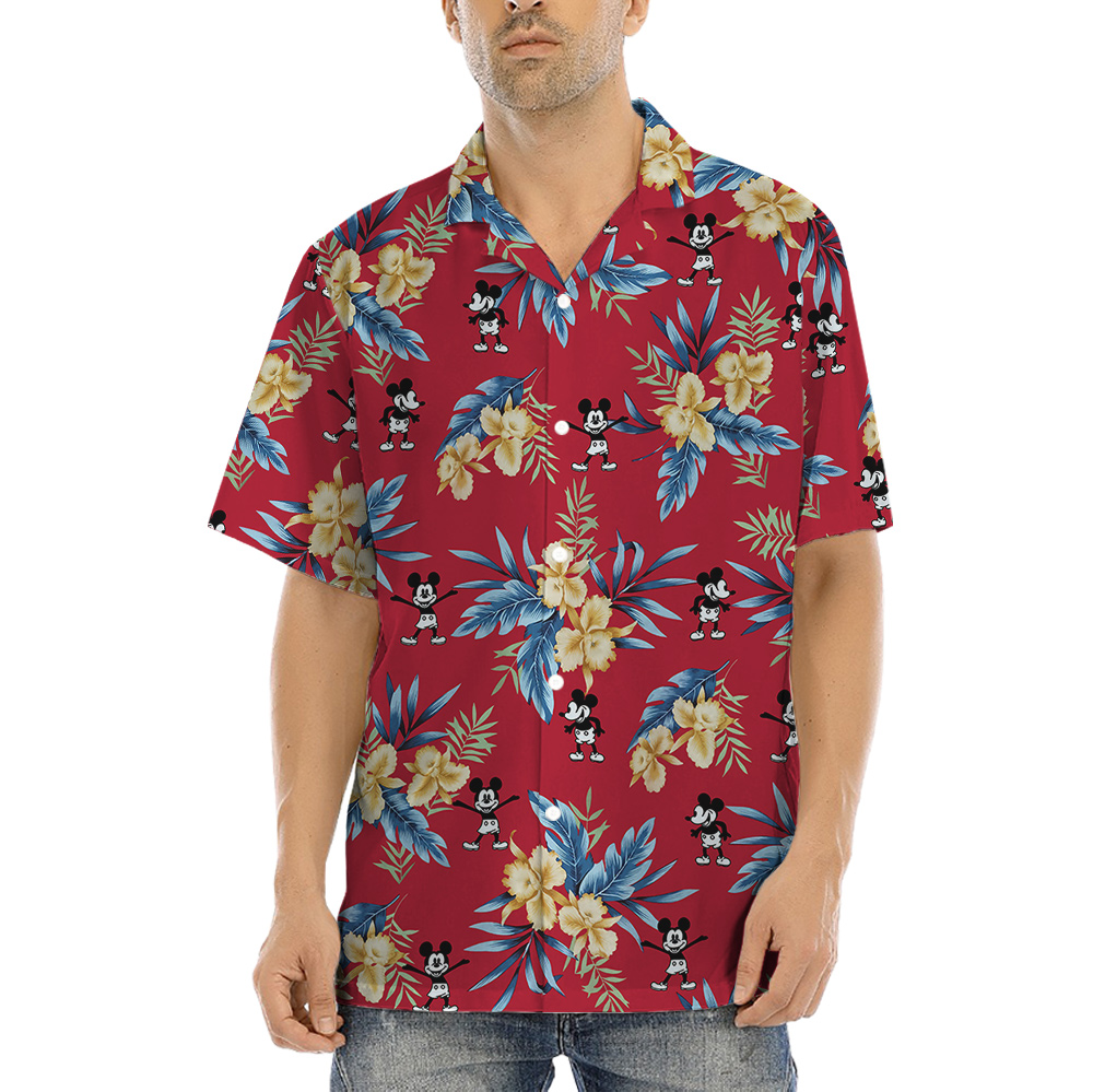Red Floral Mickey Steamboat Willie Hawaiian Shirt - variant image 1