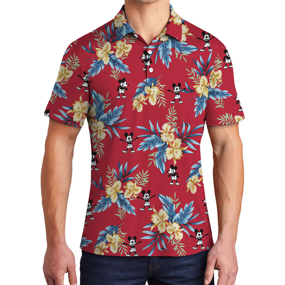 Red Floral Mickey Steamboat Willie Hawaiian Polo Shirt - variant image 1