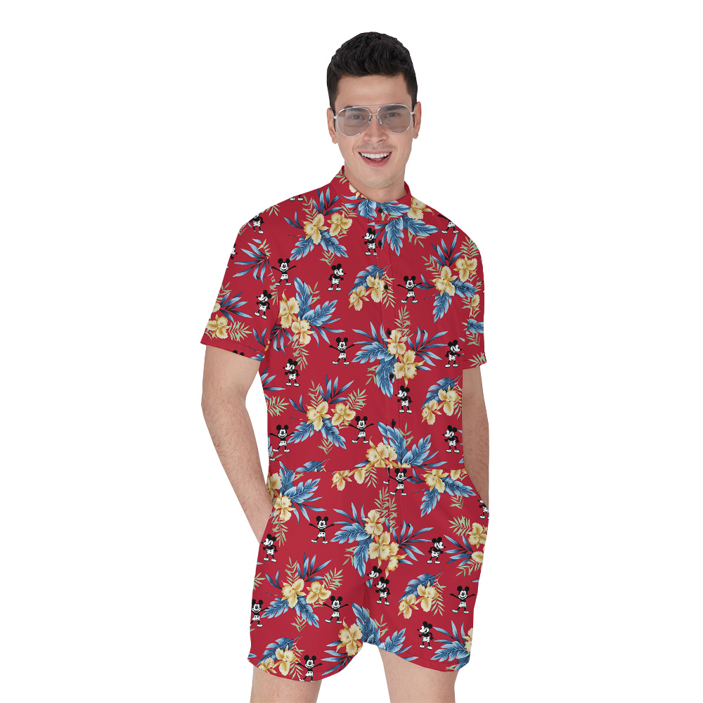 Red Floral Mickey Steamboat Willie Hawaiian Romper for Men - variant image 1