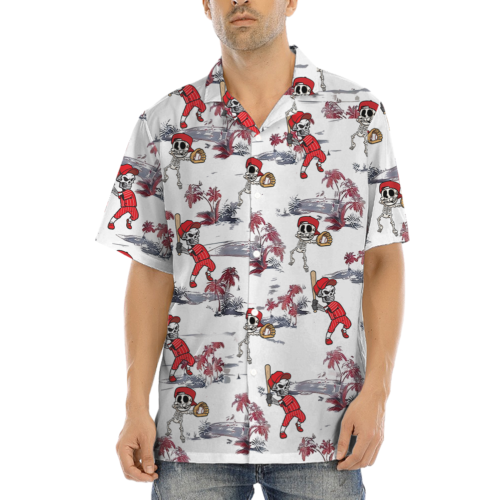 Skeleton Baseball Tropical Red Hawaiian Shirt - variant image 1