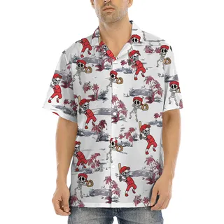 Skeleton Baseball Tropical Red Hawaiian Shirt