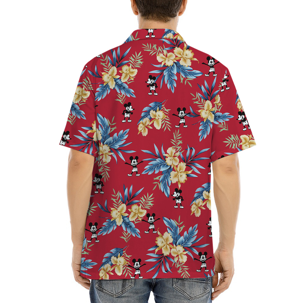 Red Floral Mickey Steamboat Willie Hawaiian Shirt