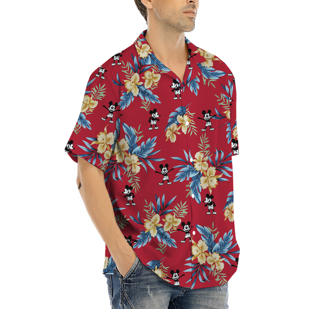 Red Floral Mickey Steamboat Willie Hawaiian Shirt