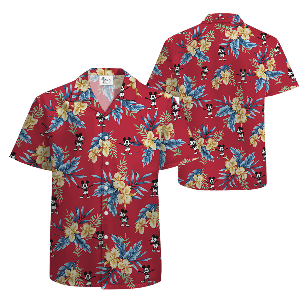 Red Floral Mickey Steamboat Willie Hawaiian Shirt