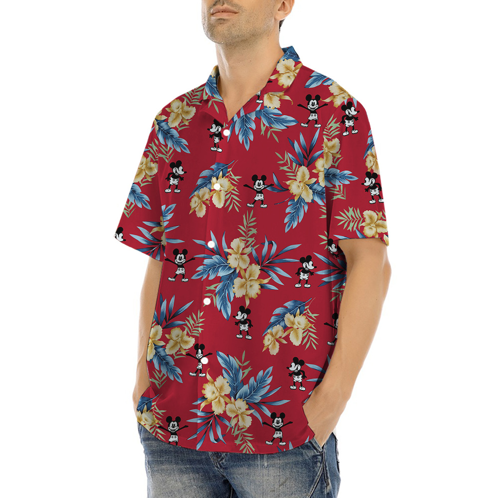 Red Floral Mickey Steamboat Willie Hawaiian Shirt