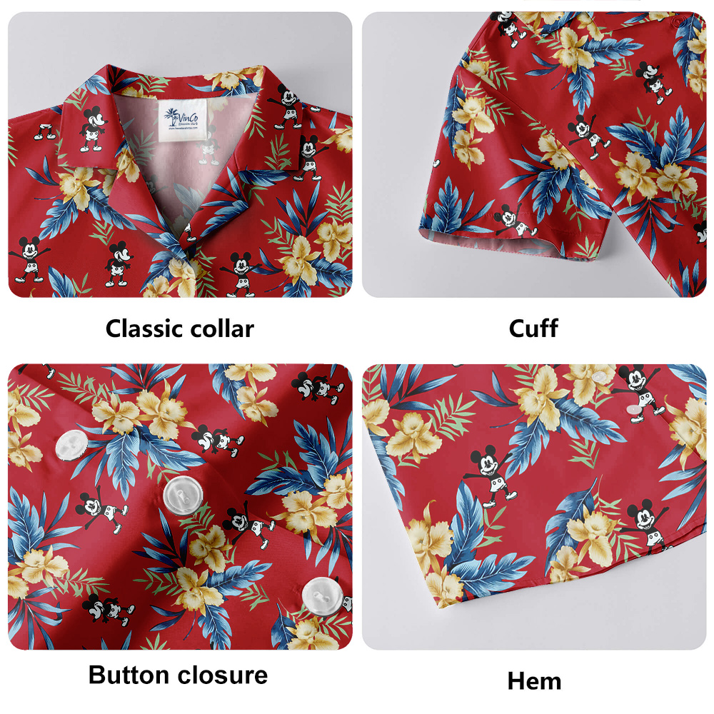 Red Floral Mickey Steamboat Willie Hawaiian Shirt