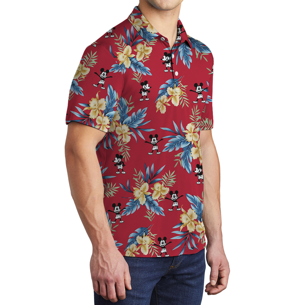 Red Floral Mickey Steamboat Willie Hawaiian Polo Shirt