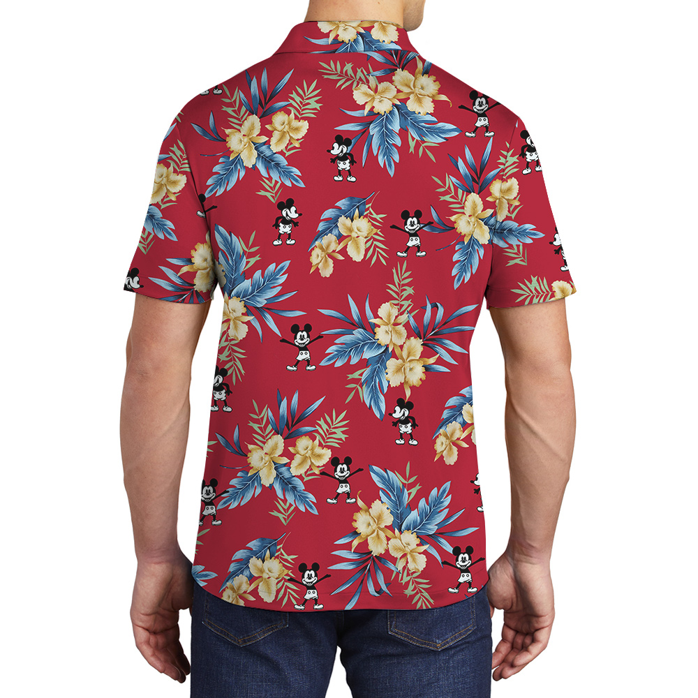 Red Floral Mickey Steamboat Willie Hawaiian Polo Shirt