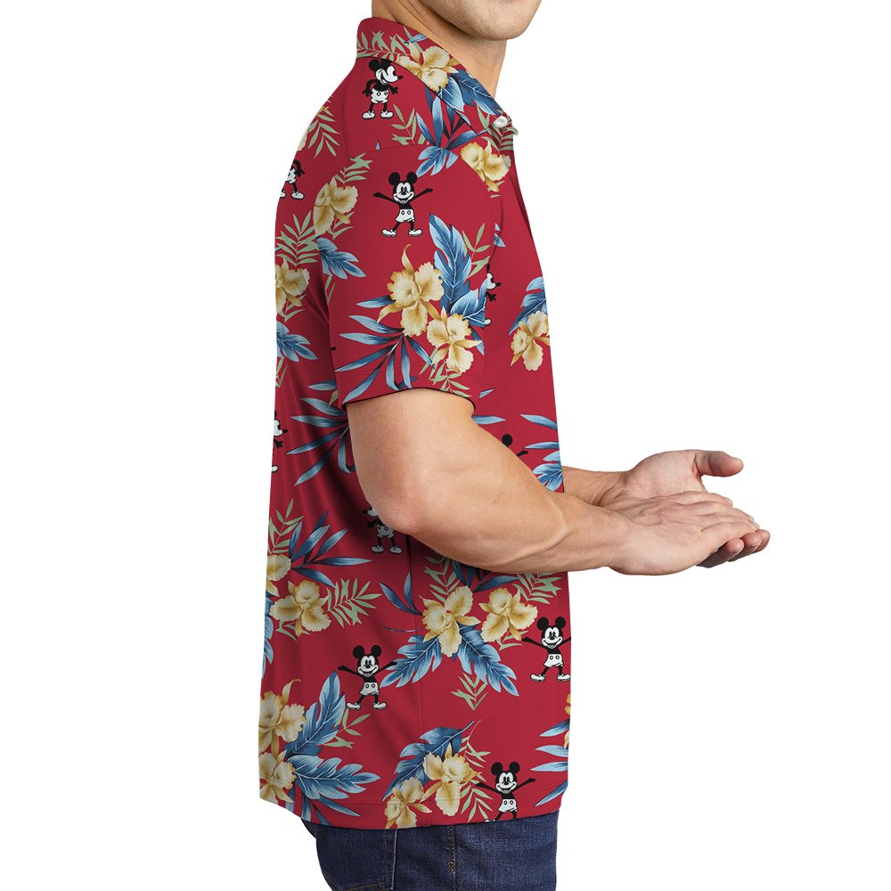 Red Floral Mickey Steamboat Willie Hawaiian Polo Shirt
