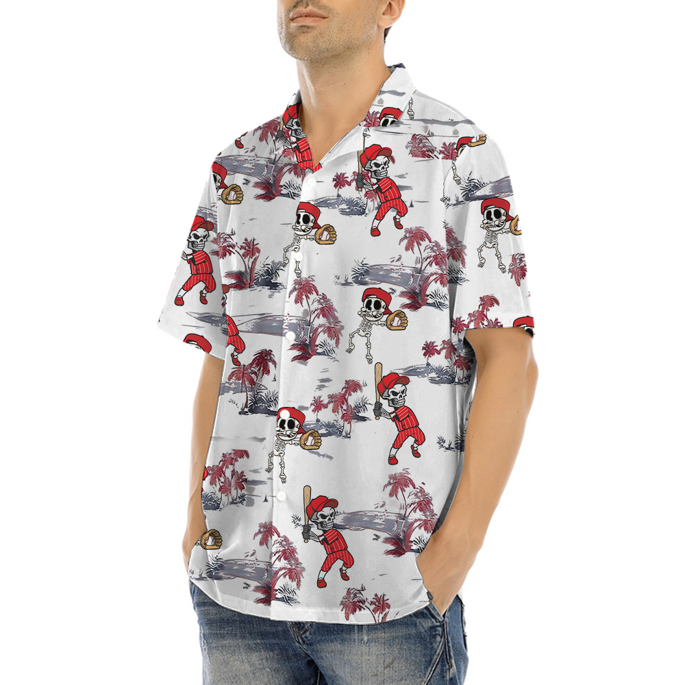 Skeleton Baseball Tropical Red Hawaiian Shirt