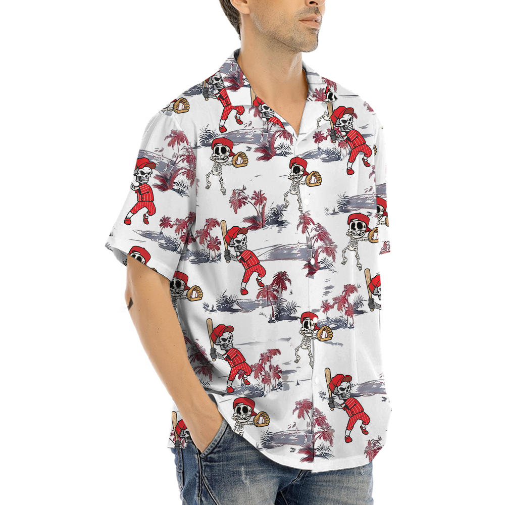 Skeleton Baseball Tropical Red Hawaiian Shirt