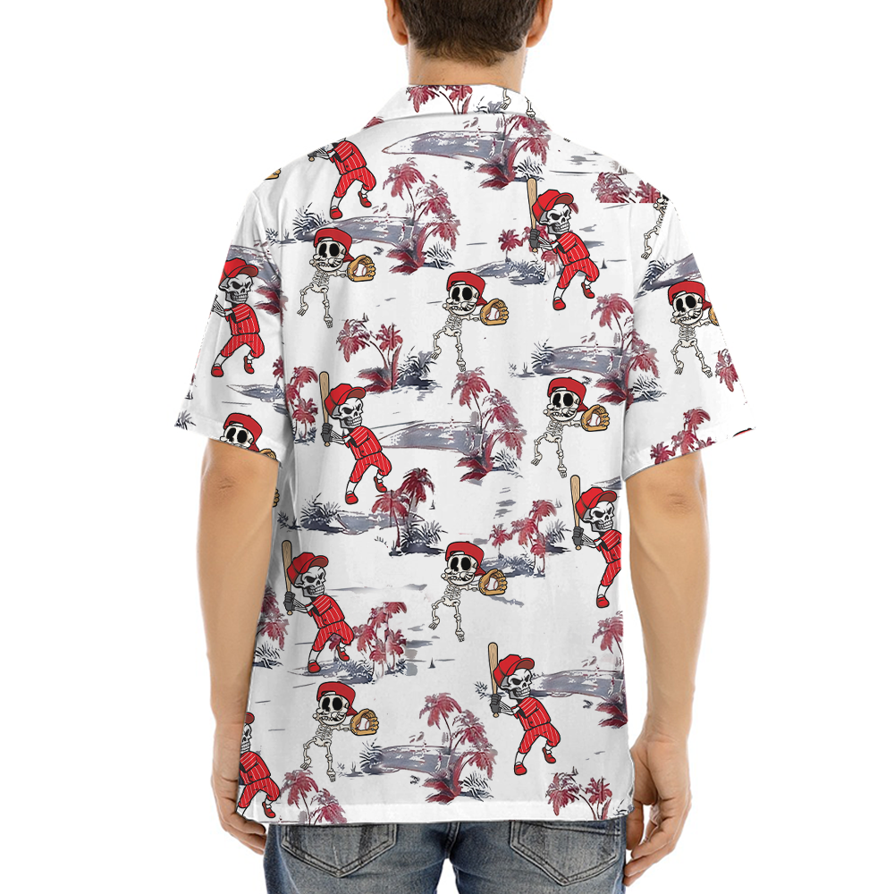 Skeleton Baseball Tropical Red Hawaiian Shirt