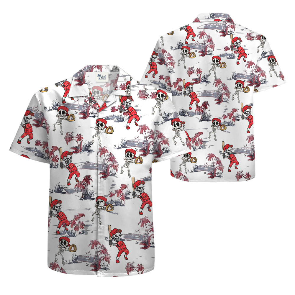 Skeleton Baseball Tropical Red Hawaiian Shirt