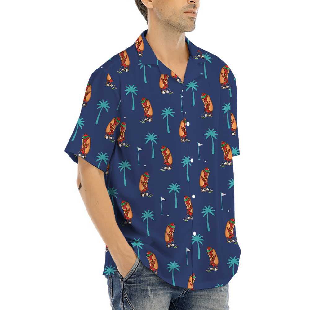 Hotdog Playing Golf Navy Hawaiian Shirt