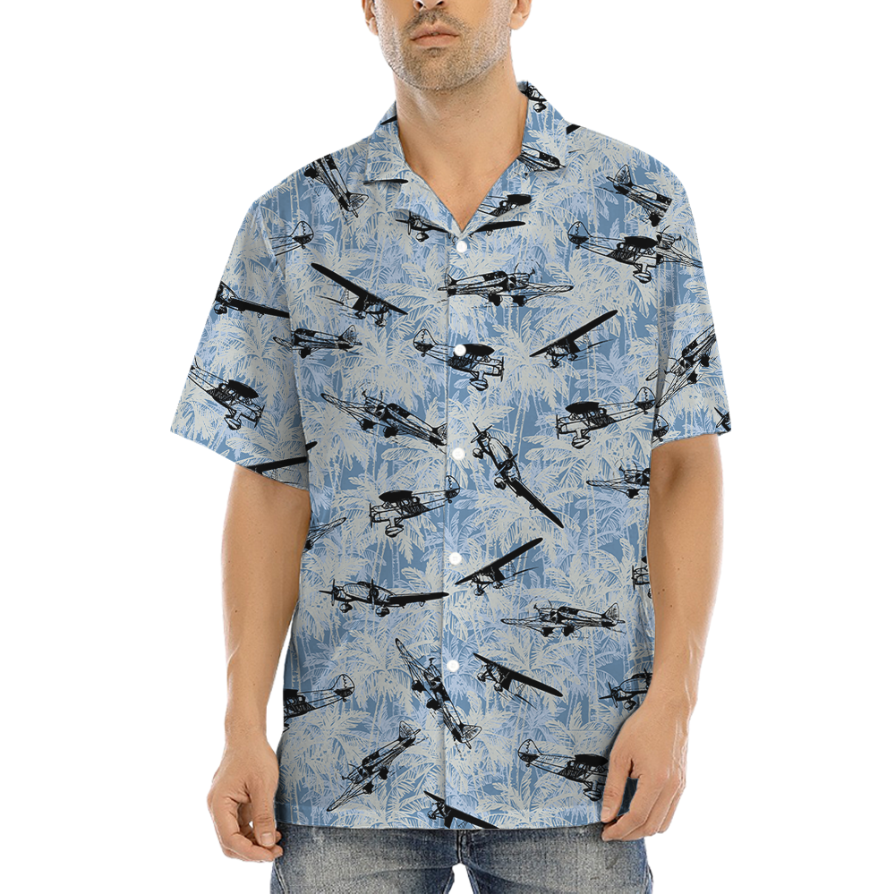 Aircraft Blue Palm Tree Hawaiian Shirt - variant image 1