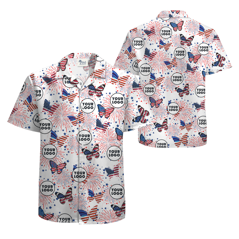 Butterflies American Flag Print Hawaiian Shirt Company Logo