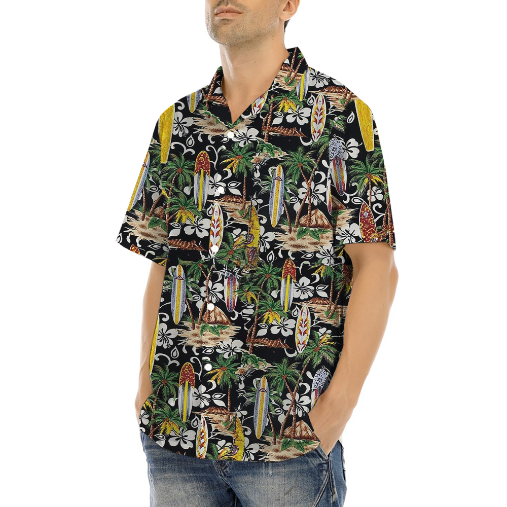 Vintage Surfing Board Tropical Islands Hawaiian Shirt