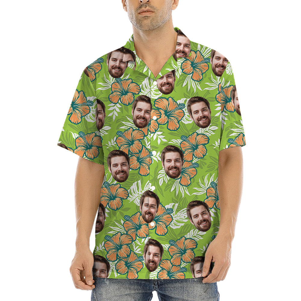 Classic Hibiscus Custom Face Green Hawaiian Shirt - variant image 1
