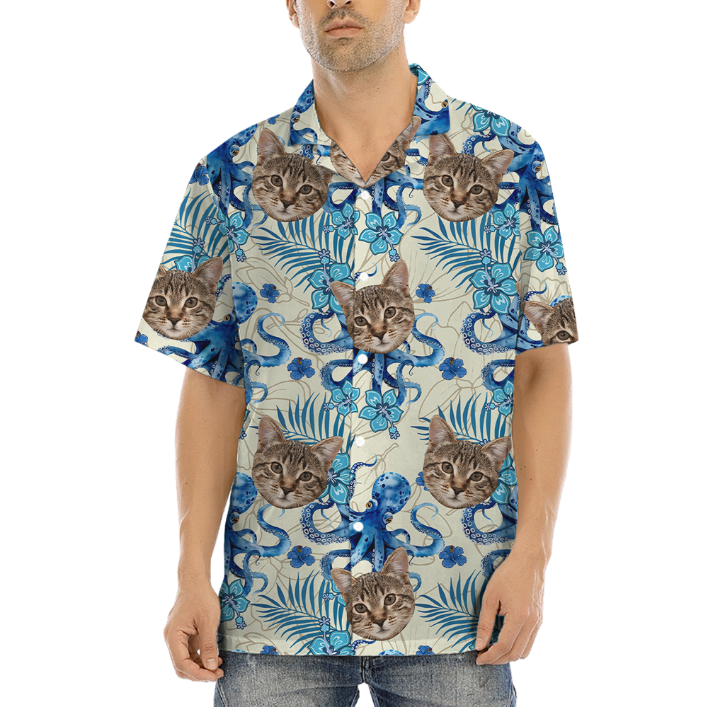 Funny Custom Cat Face Octopus Blue Hawaiian Shirt - variant image 1