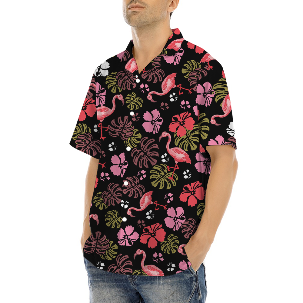 Vintage Flamingo Black Floral Hawaiian Shirt