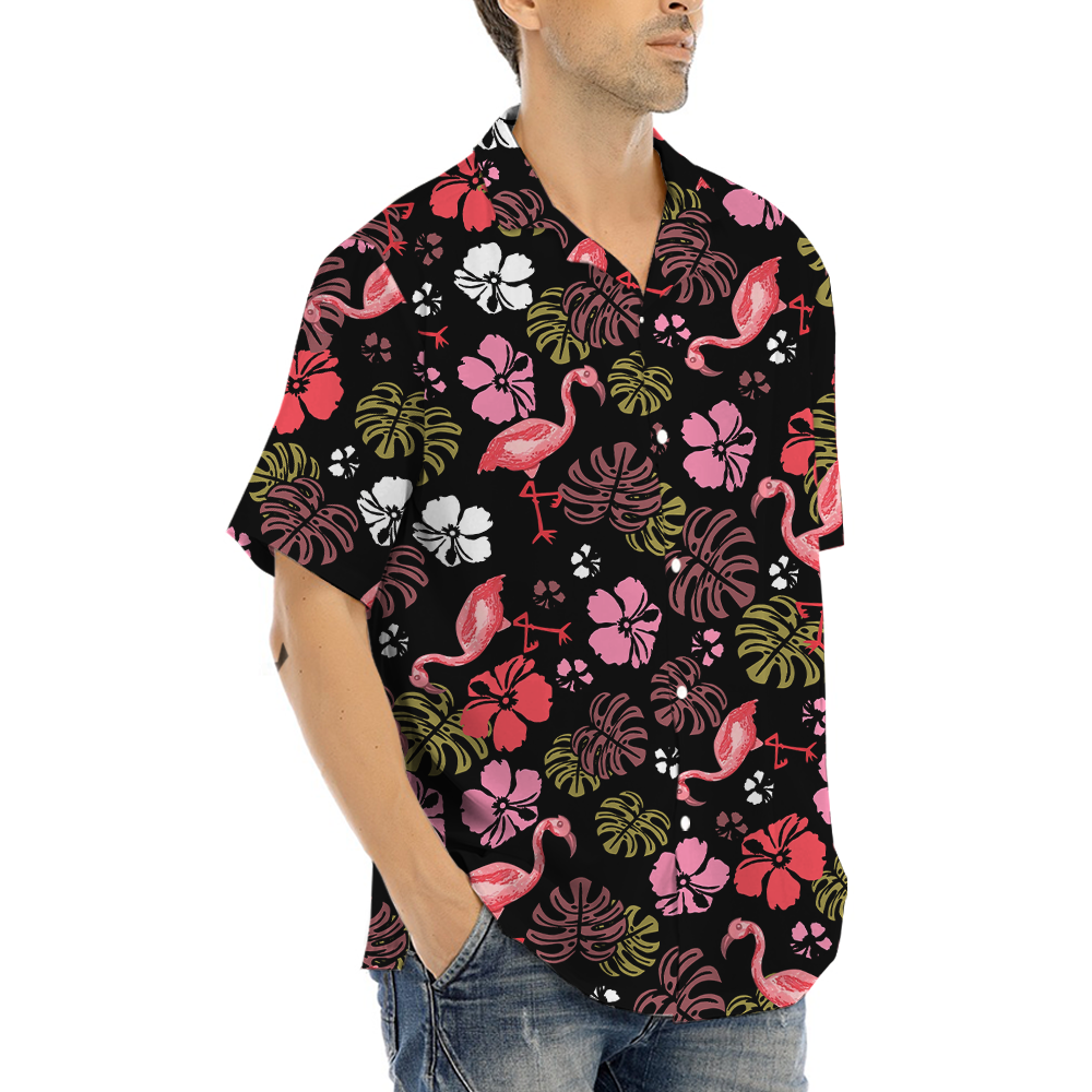 Vintage Flamingo Black Floral Hawaiian Shirt