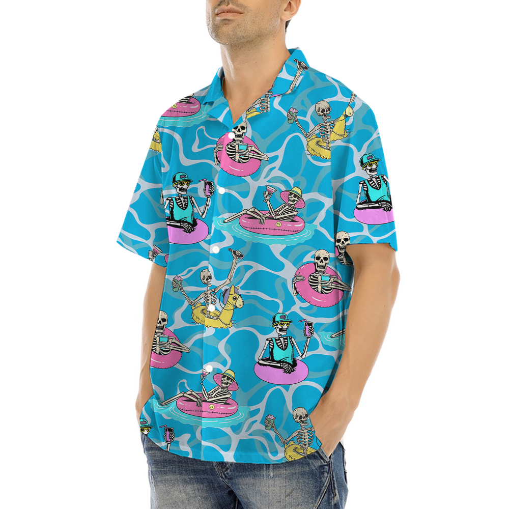 Funny Skeleton On Swimming Pool Hawaiian Shirt