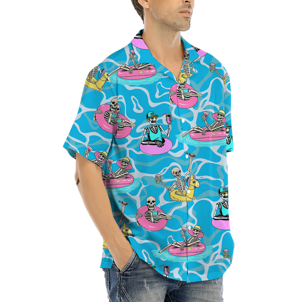Funny Skeleton On Swimming Pool Hawaiian Shirt
