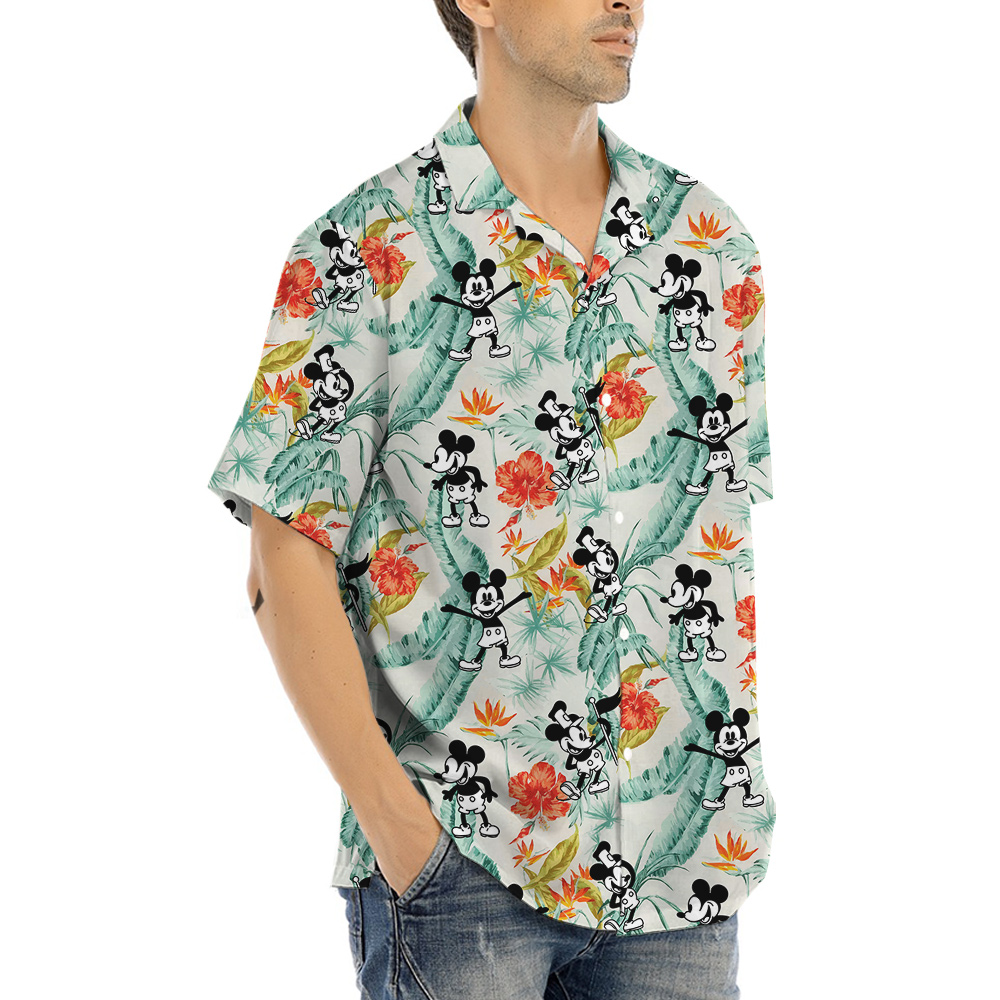 Happy Mickey Steamboat Willie Green Tropical Shirt