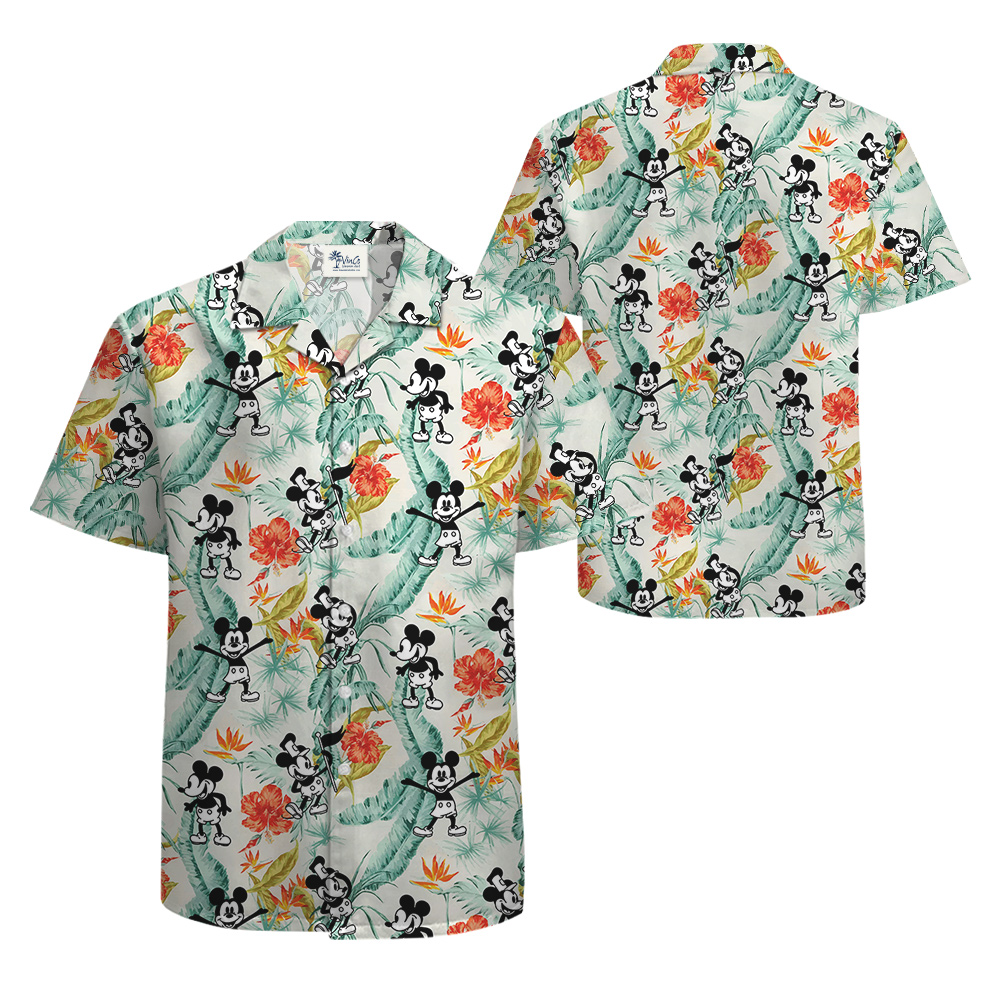 Happy Mickey Steamboat Willie Green Tropical Shirt