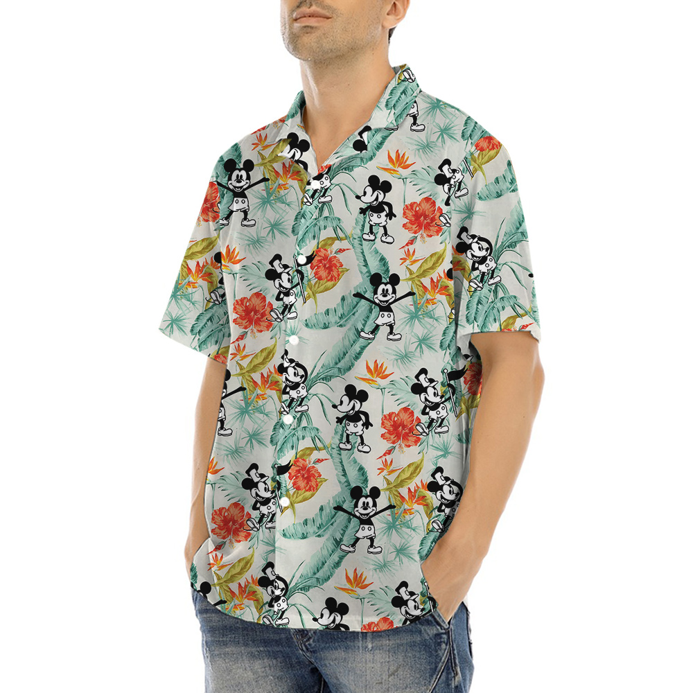 Happy Mickey Steamboat Willie Green Tropical Shirt