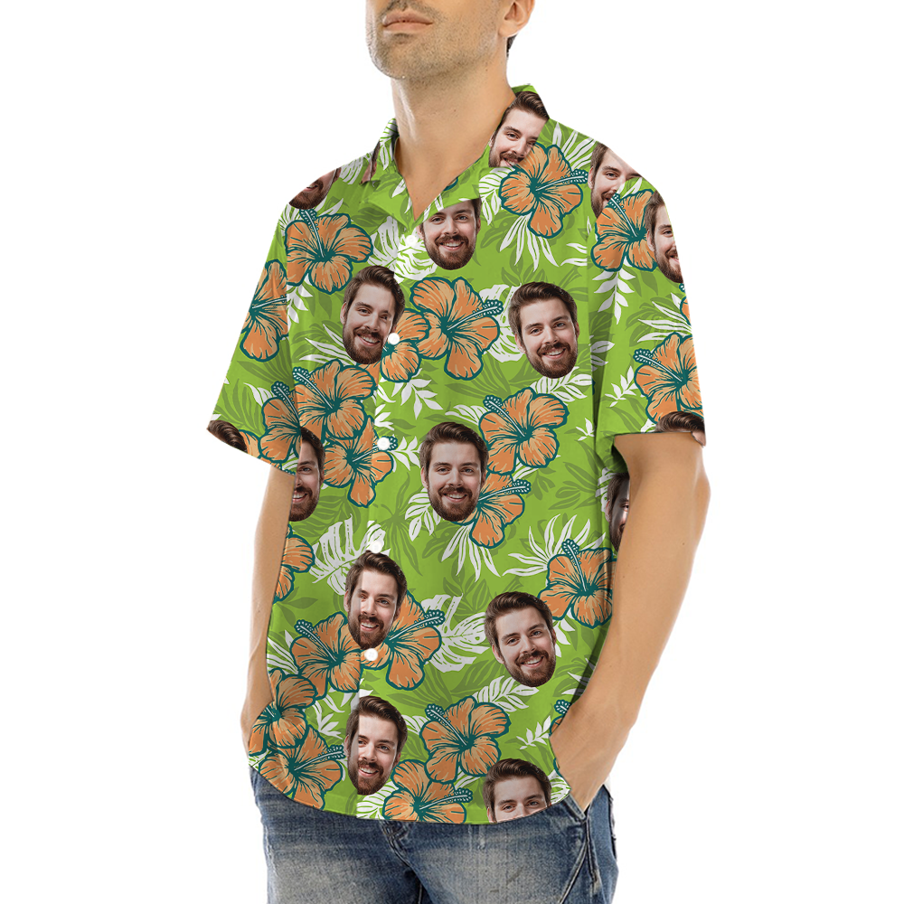 Classic Hibiscus Custom Face Green Hawaiian Shirt