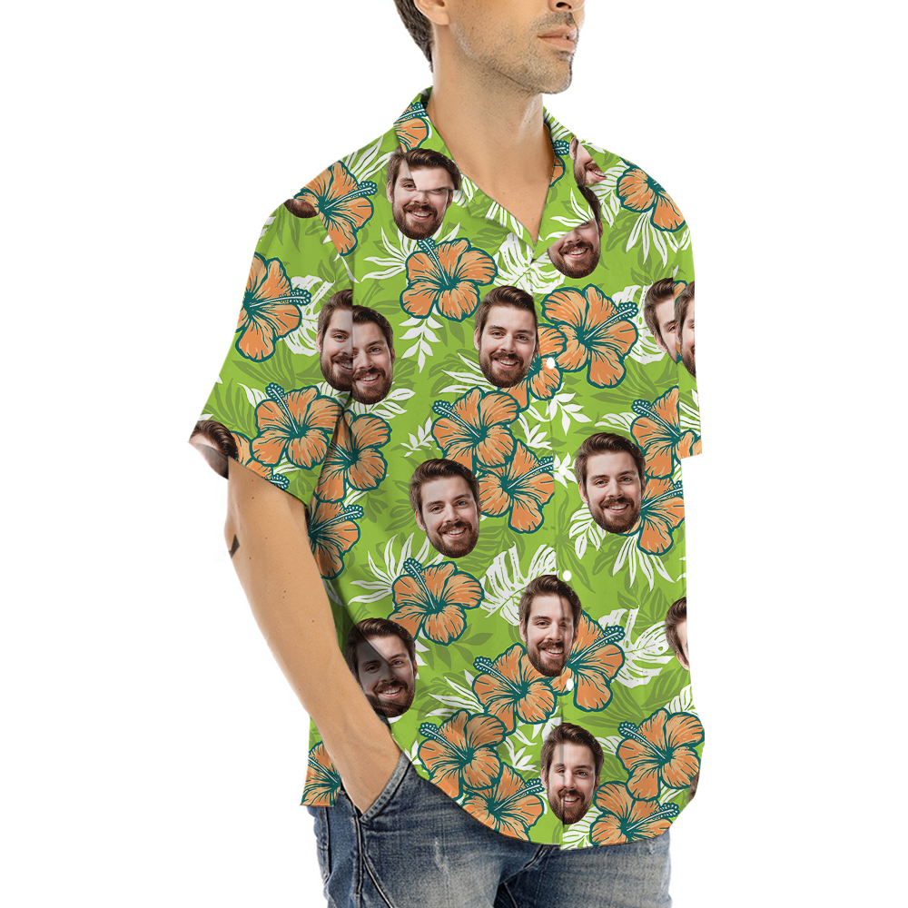 Classic Hibiscus Custom Face Green Hawaiian Shirt