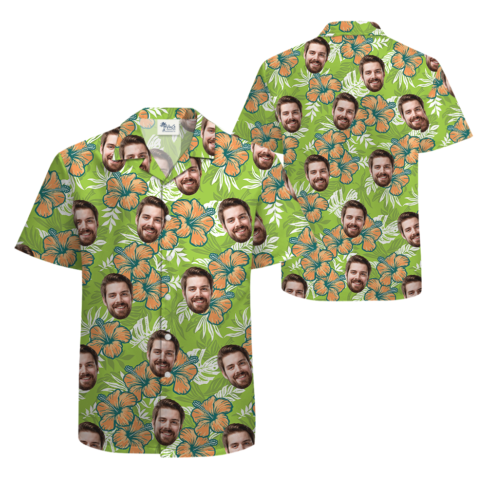 Classic Hibiscus Custom Face Green Hawaiian Shirt