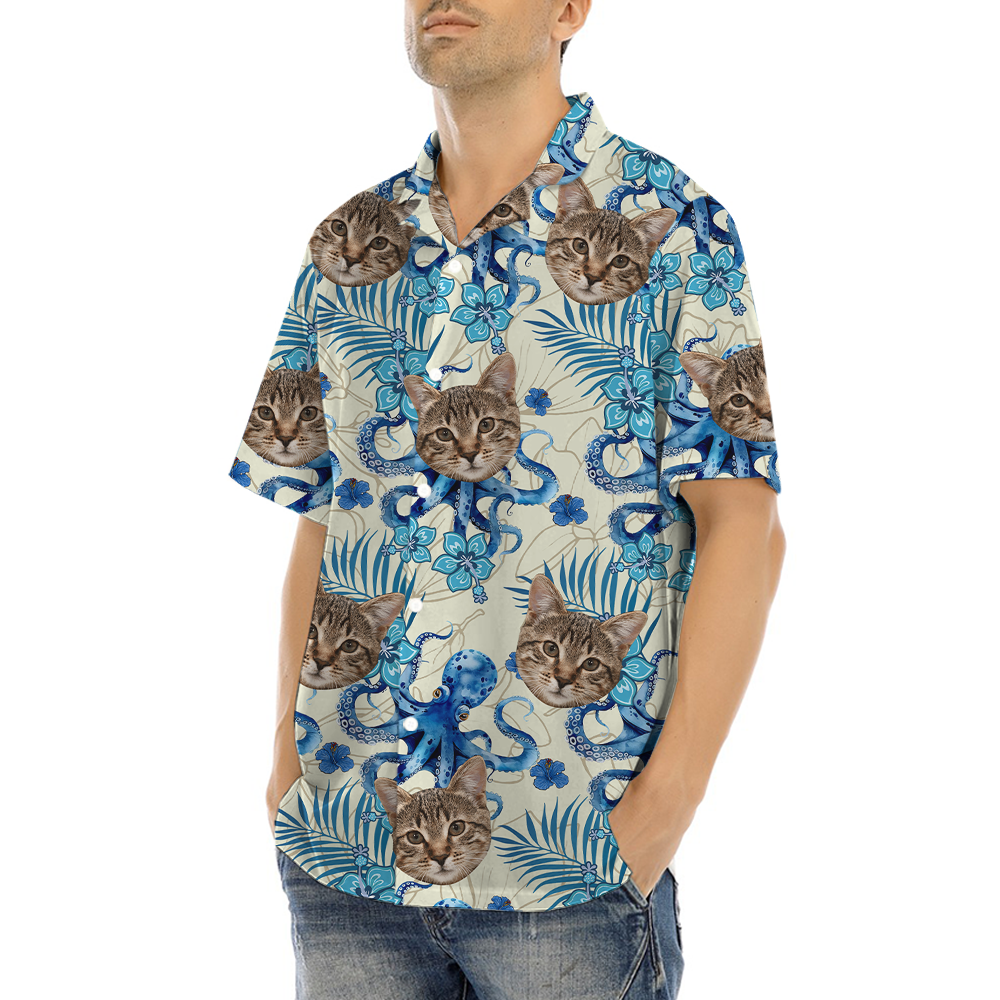 Funny Custom Cat Face Octopus Blue Hawaiian Shirt