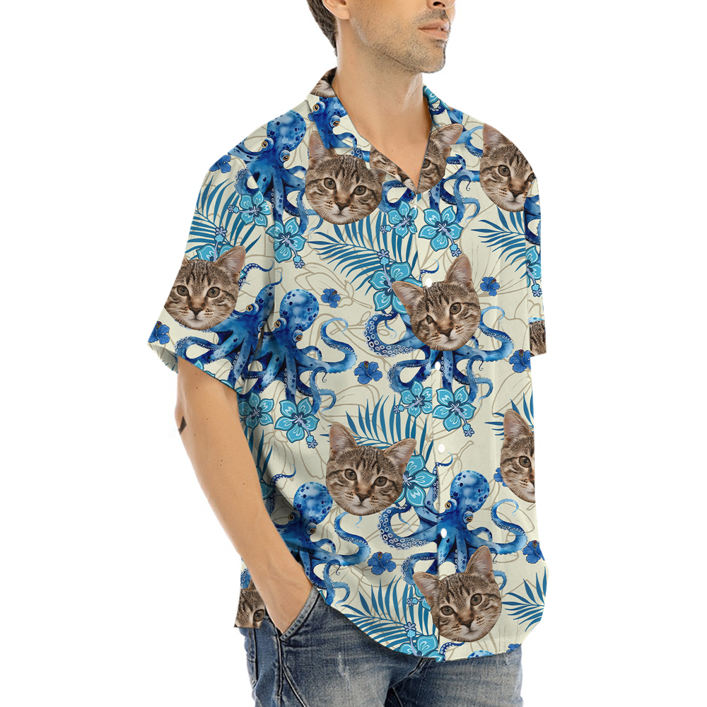 Funny Custom Cat Face Octopus Blue Hawaiian Shirt