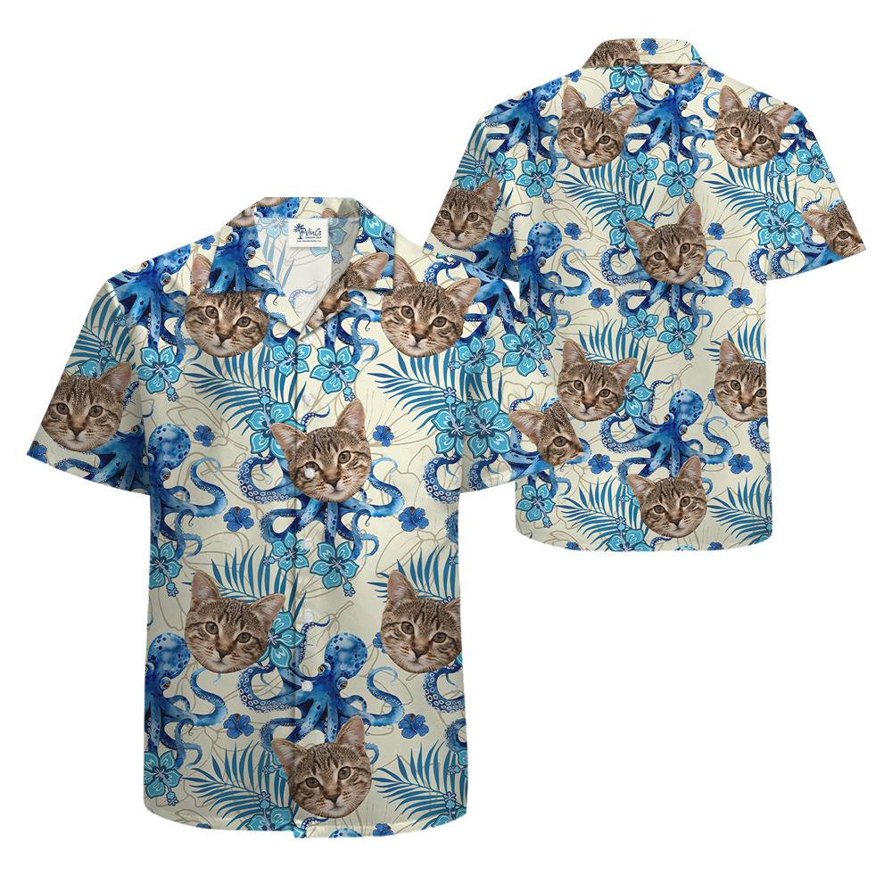 Funny Custom Cat Face Octopus Blue Hawaiian Shirt
