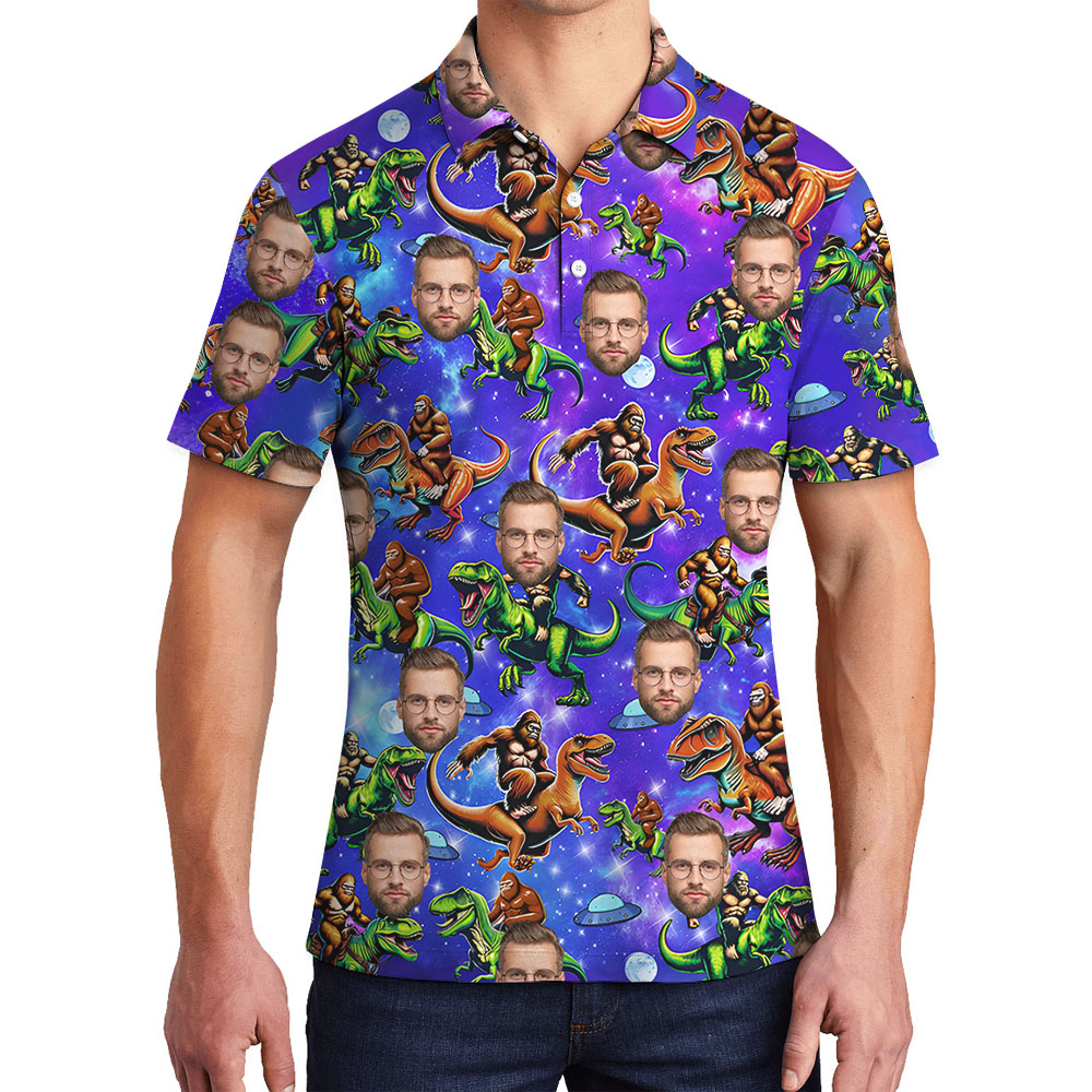 Bigfoot Riding Dinosaur Polo Golf Shirt With Faces - variant image 1