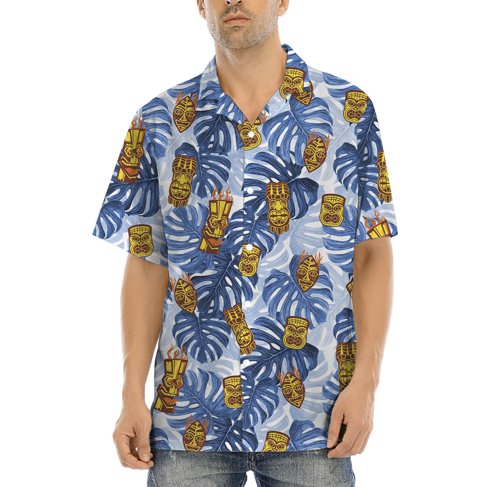 Vintage Tiki Blue Tropical Leaves Hawaiian Shirt - variant image 1
