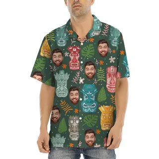 Custom Face Tiki Classic Green Hawaiian Shirt