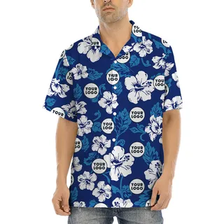 Custom Logo Hibiscus Navy Aloha Shirt