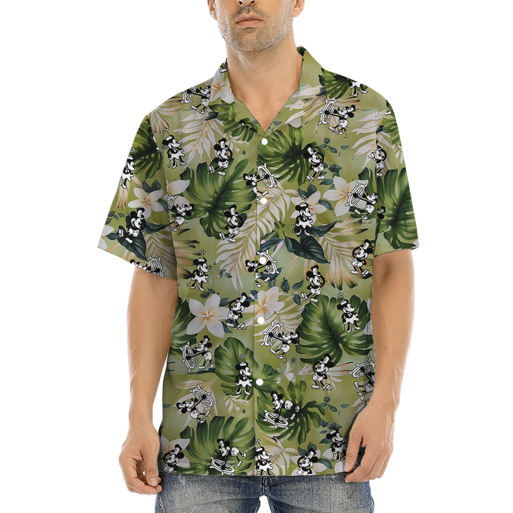 Green Tropical Plumeria Mickey Steamboat Willie Hawaiian Shirt - variant image 1