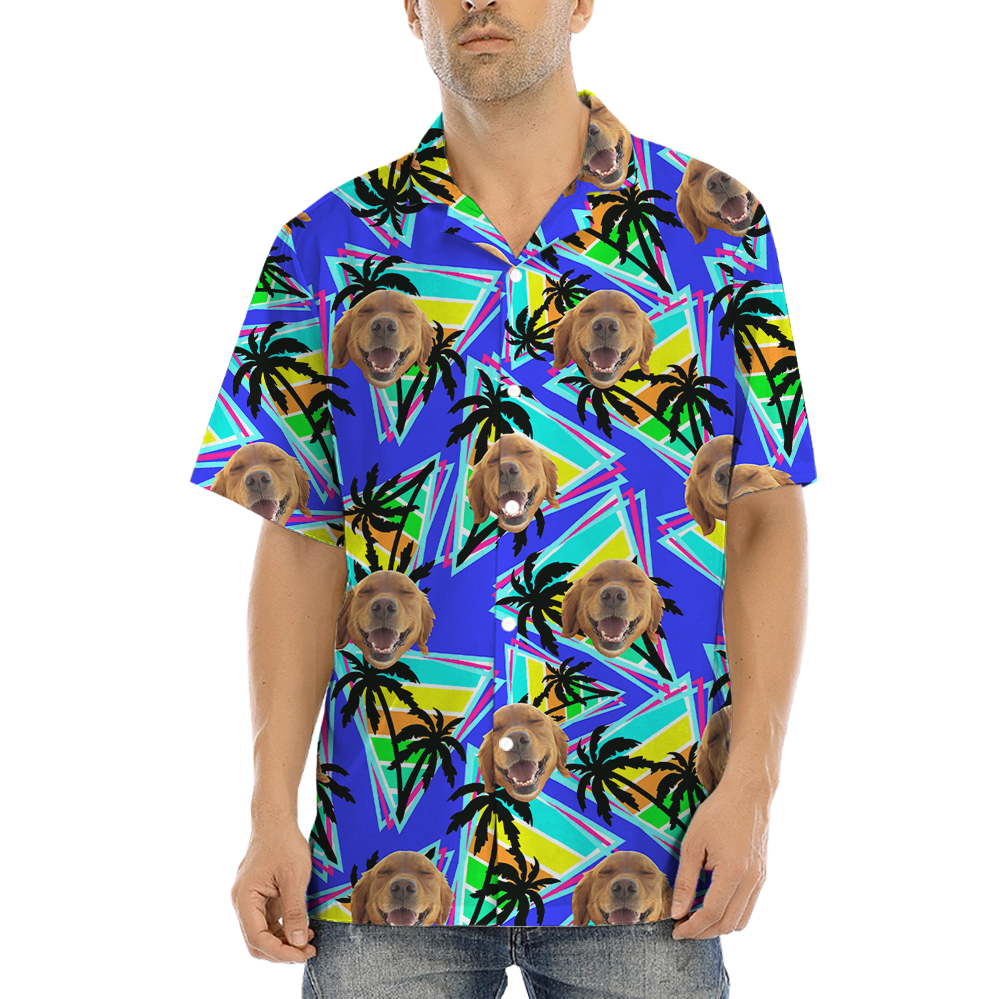 Custom Dog Face Colorful Palm Tree Hawaiian Shirt - variant image 1