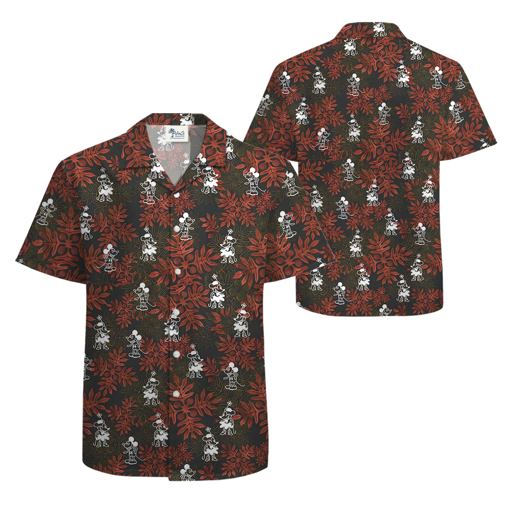 Mickey Steamboat Willie 1928 Hula Shirt Red Leaves Pattern