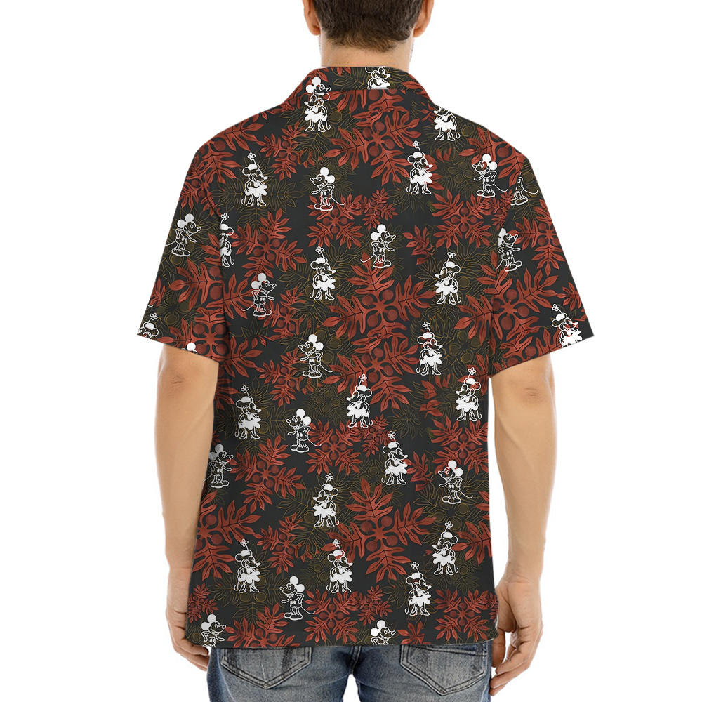 Mickey Steamboat Willie 1928 Hula Shirt Red Leaves Pattern