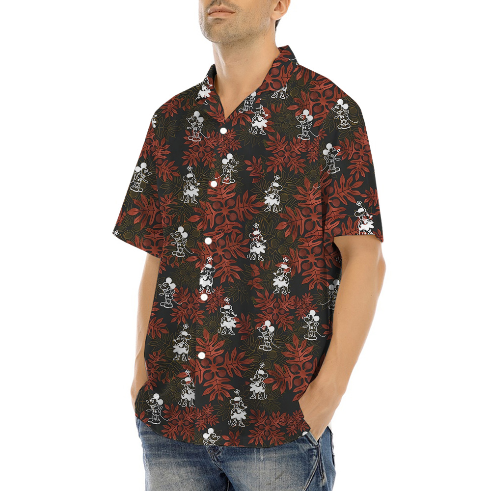 Mickey Steamboat Willie 1928 Hula Shirt Red Leaves Pattern