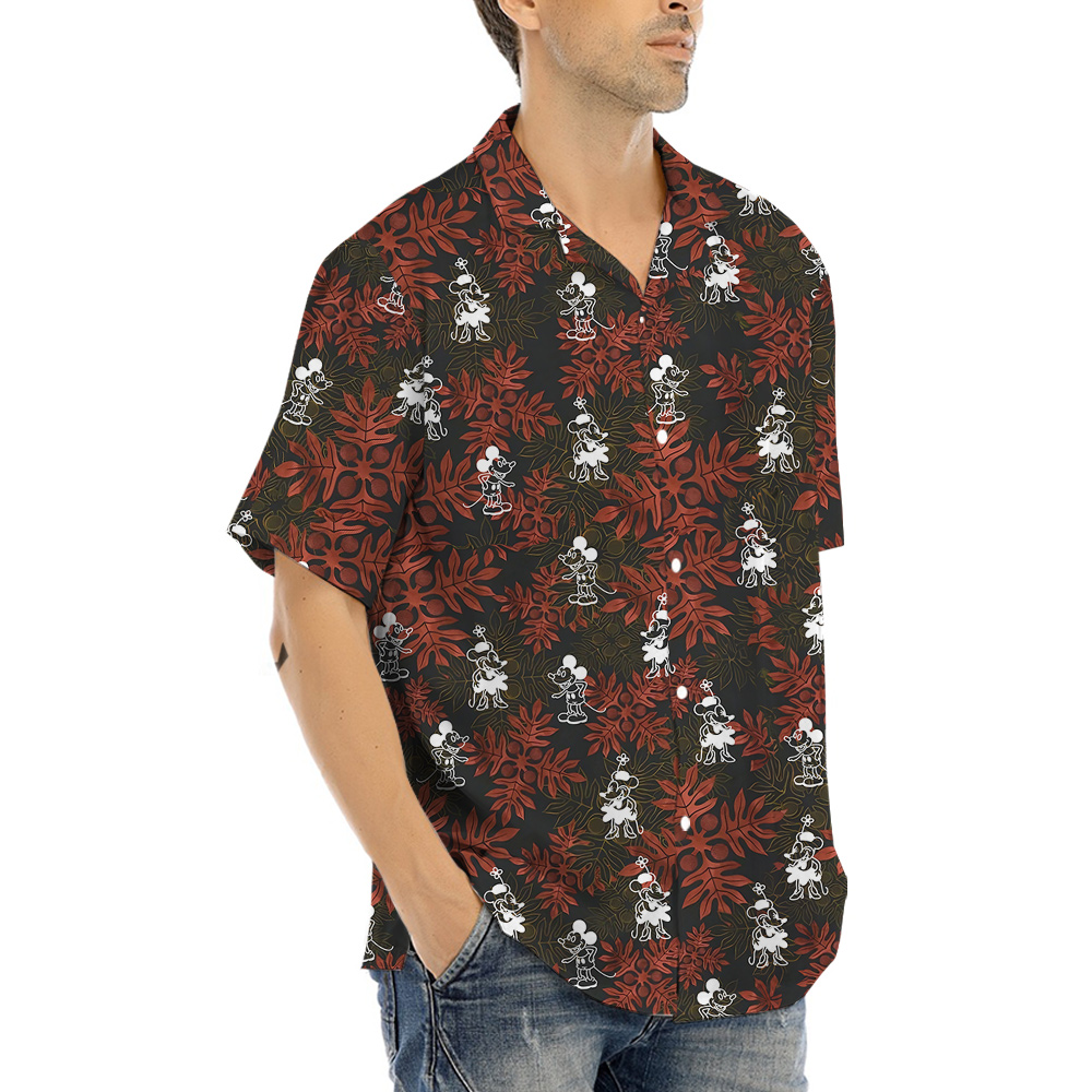 Mickey Steamboat Willie 1928 Hula Shirt Red Leaves Pattern