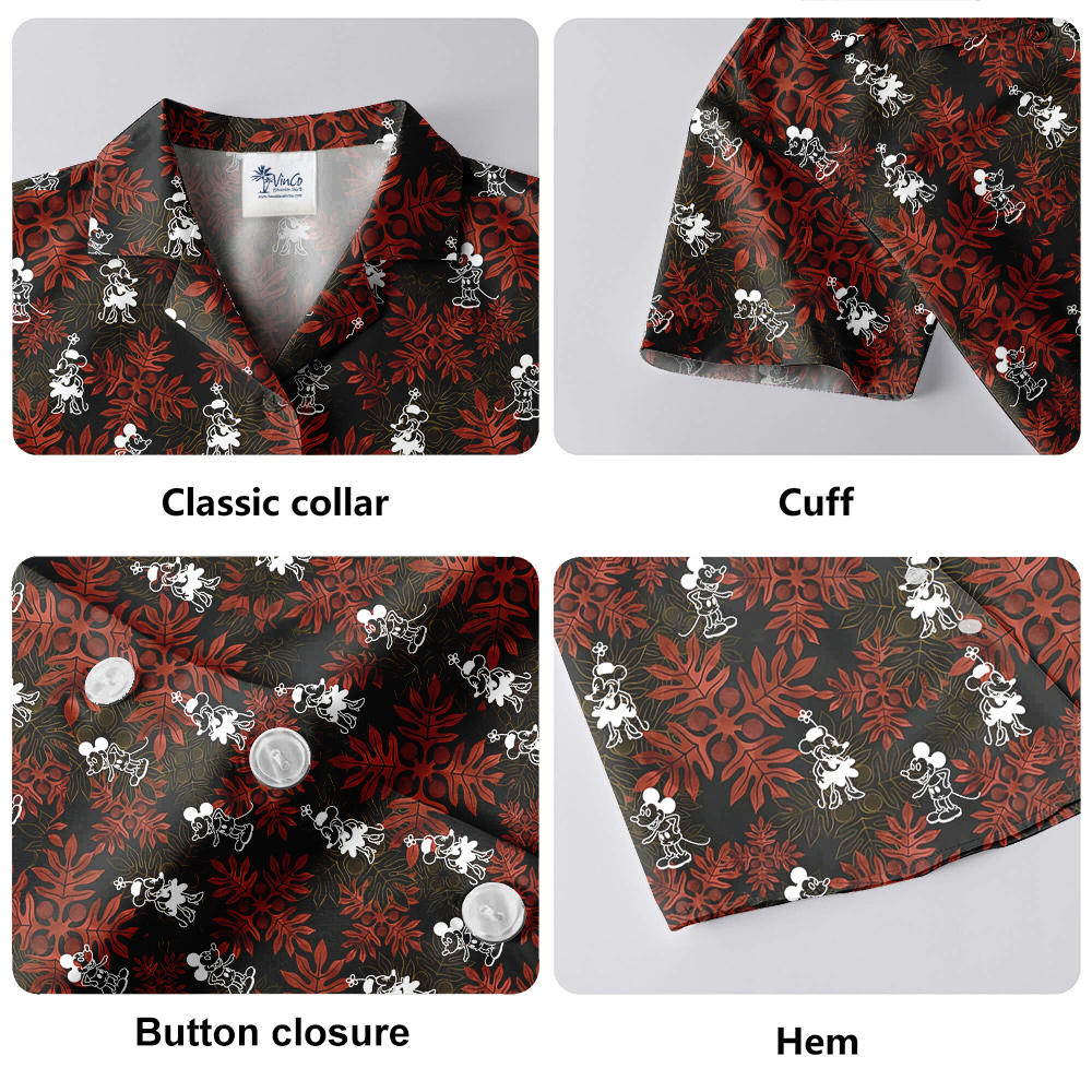 Mickey Steamboat Willie 1928 Hula Shirt Red Leaves Pattern
