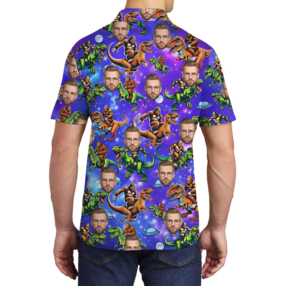 Bigfoot Riding Dinosaur Polo Golf Shirt With Faces