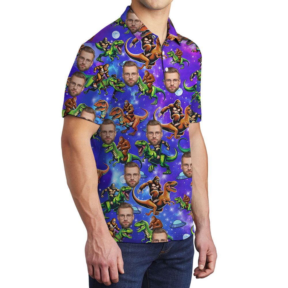 Bigfoot Riding Dinosaur Polo Golf Shirt With Faces